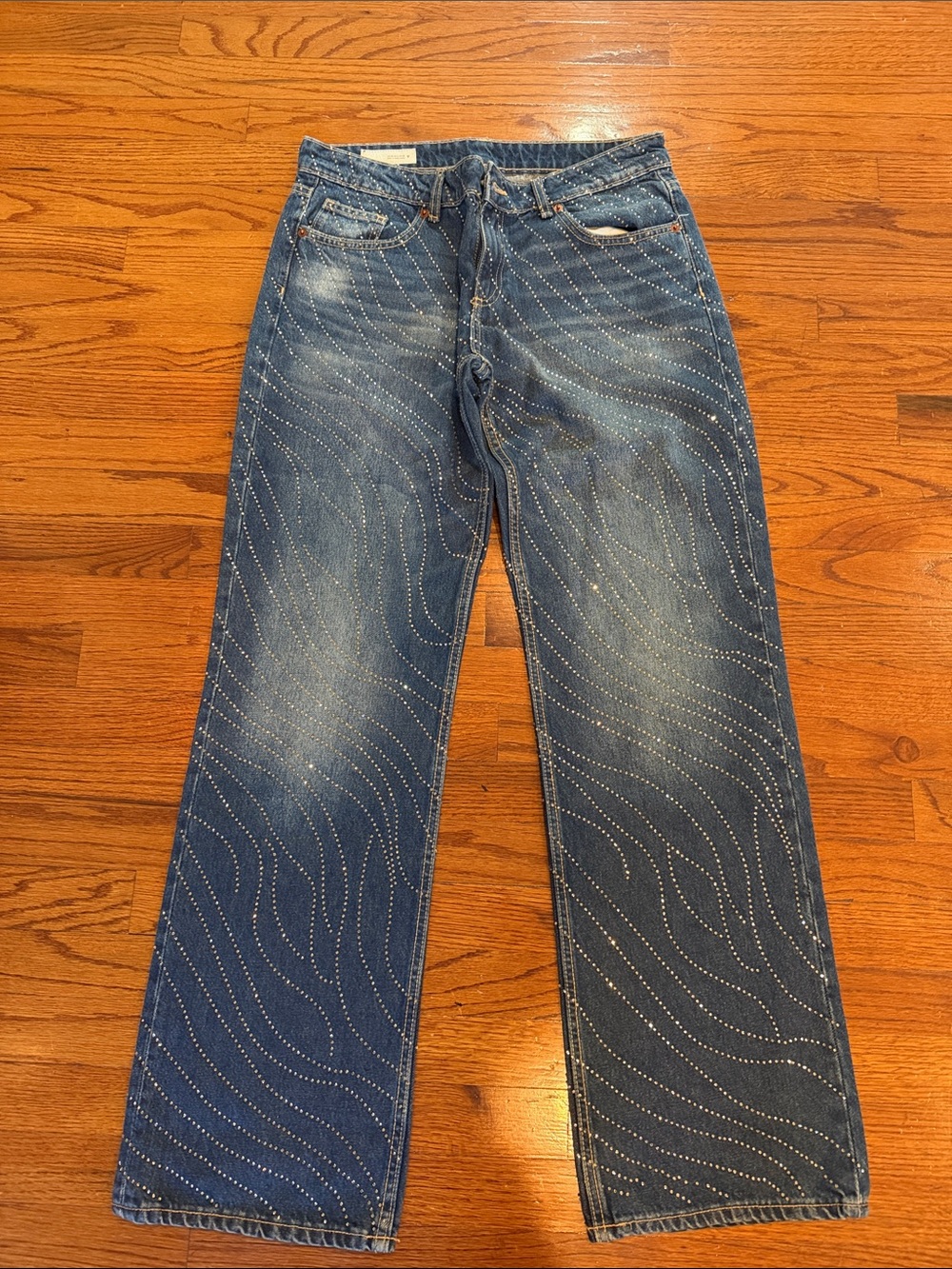 Zara Blue Bootcut Jeans with Wave Rhinestone Detail